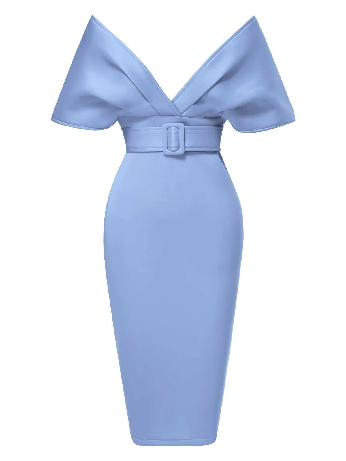 1960s Off-Shoulder Belted Solid Bodycon Dress - Image 4