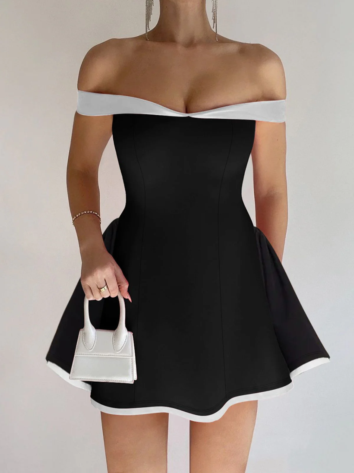 1960s Off-Shoulder Fit Solid Mini Dress - Image 7