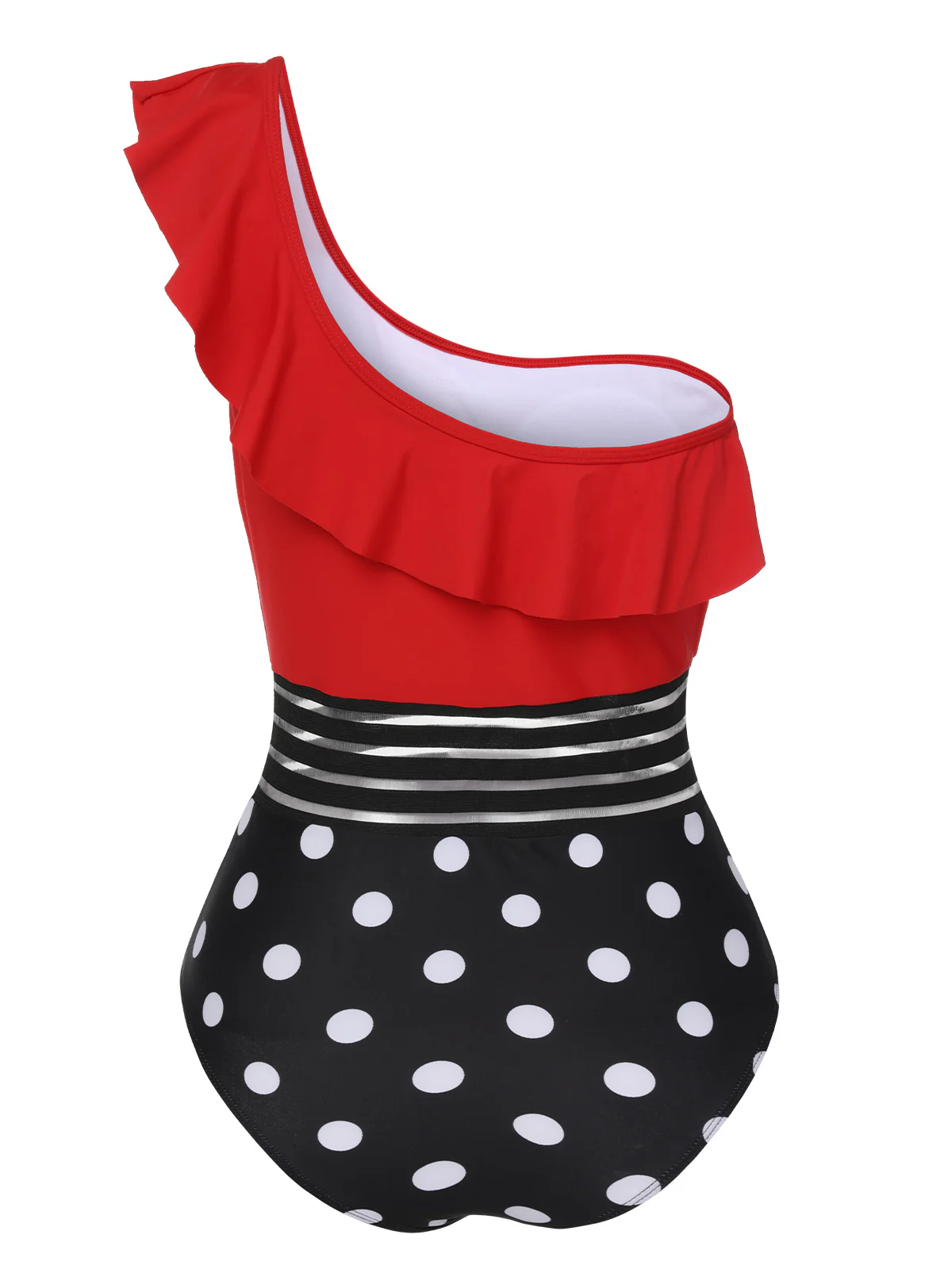 1960s One-Shoulder Ruffles Polka Dots Swimsuit - Image 2