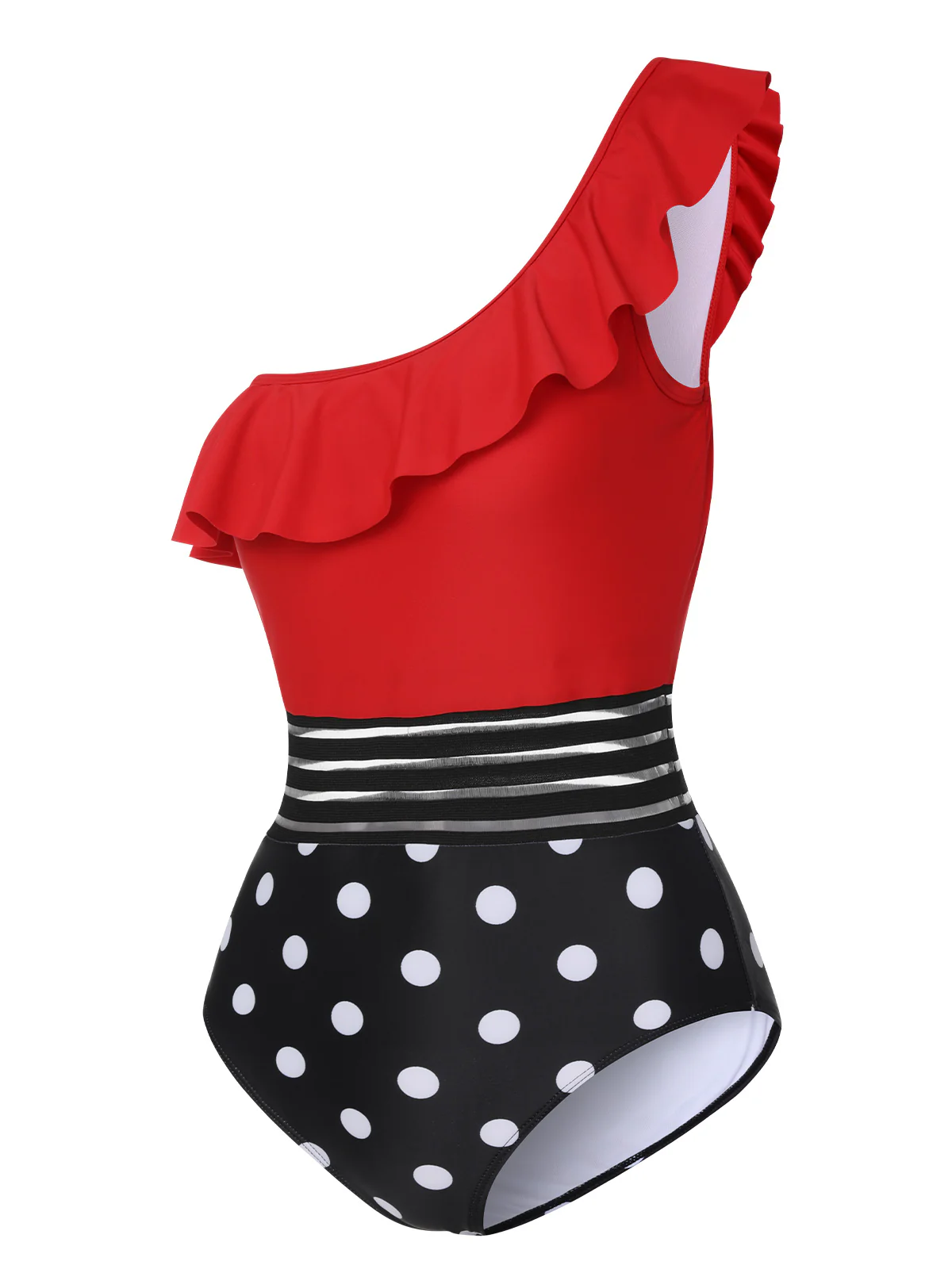 1960s One-Shoulder Ruffles Polka Dots Swimsuit - Image 3
