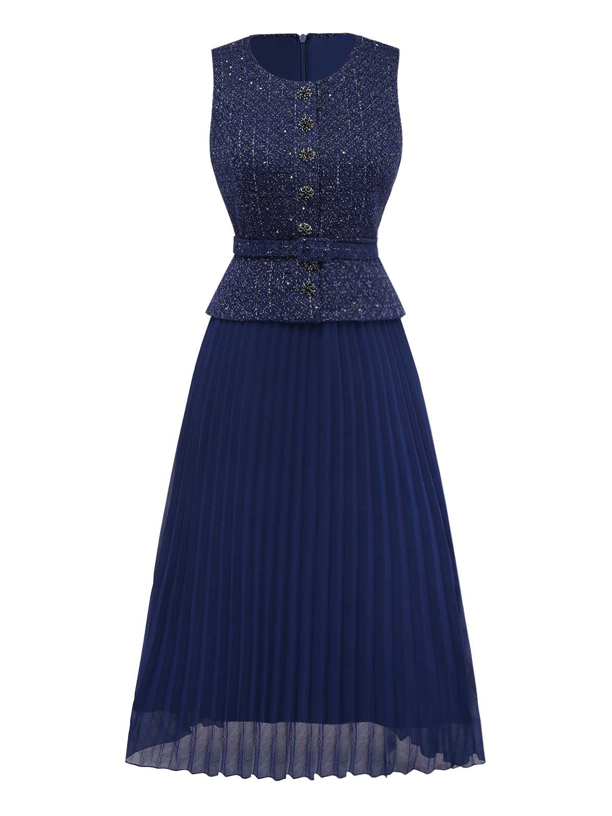 1960s Pearl Button Belted Sleeveless Pleated Dress - Image 2