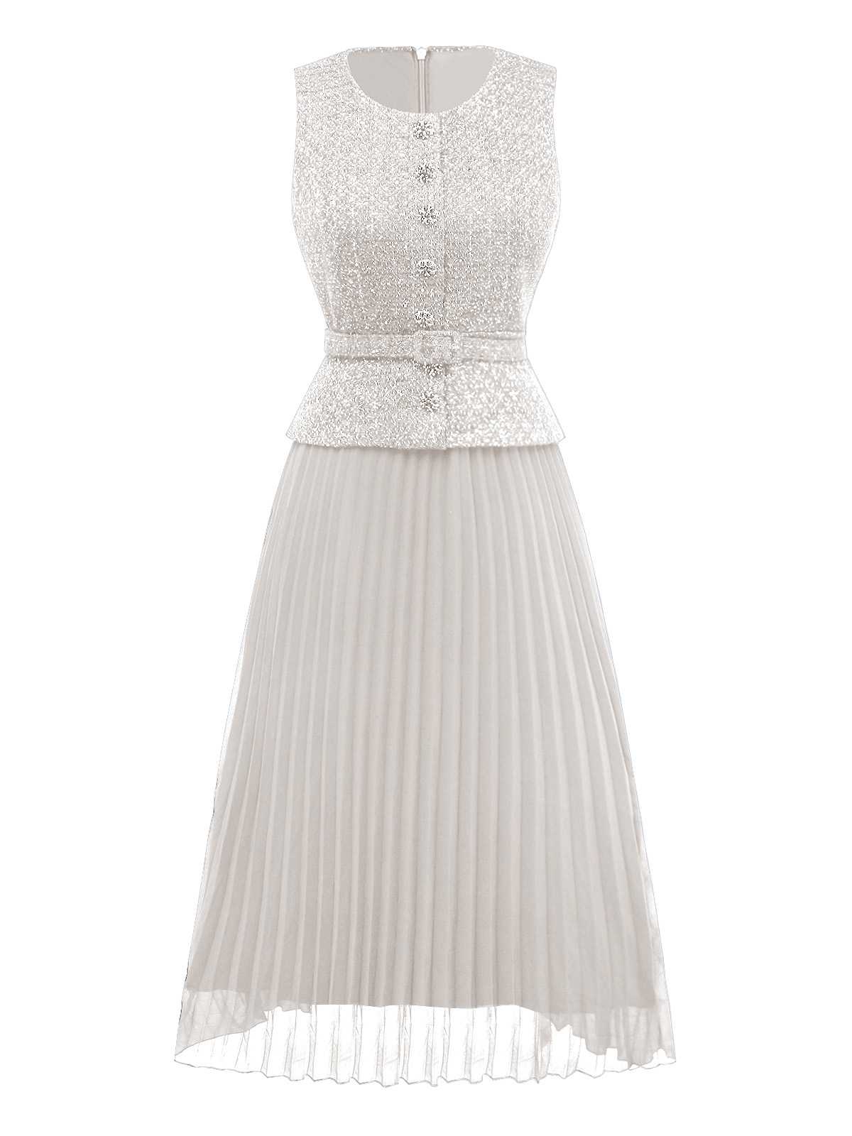 1960s Pearl Button Belted Sleeveless Pleated Dress - Image 7