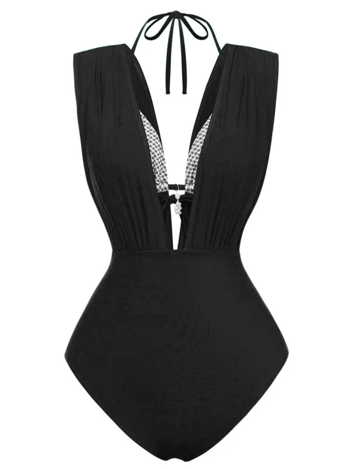 1960s Plaid Halter Bikini Top & Plunging Ruched Swimsuit - Image 10