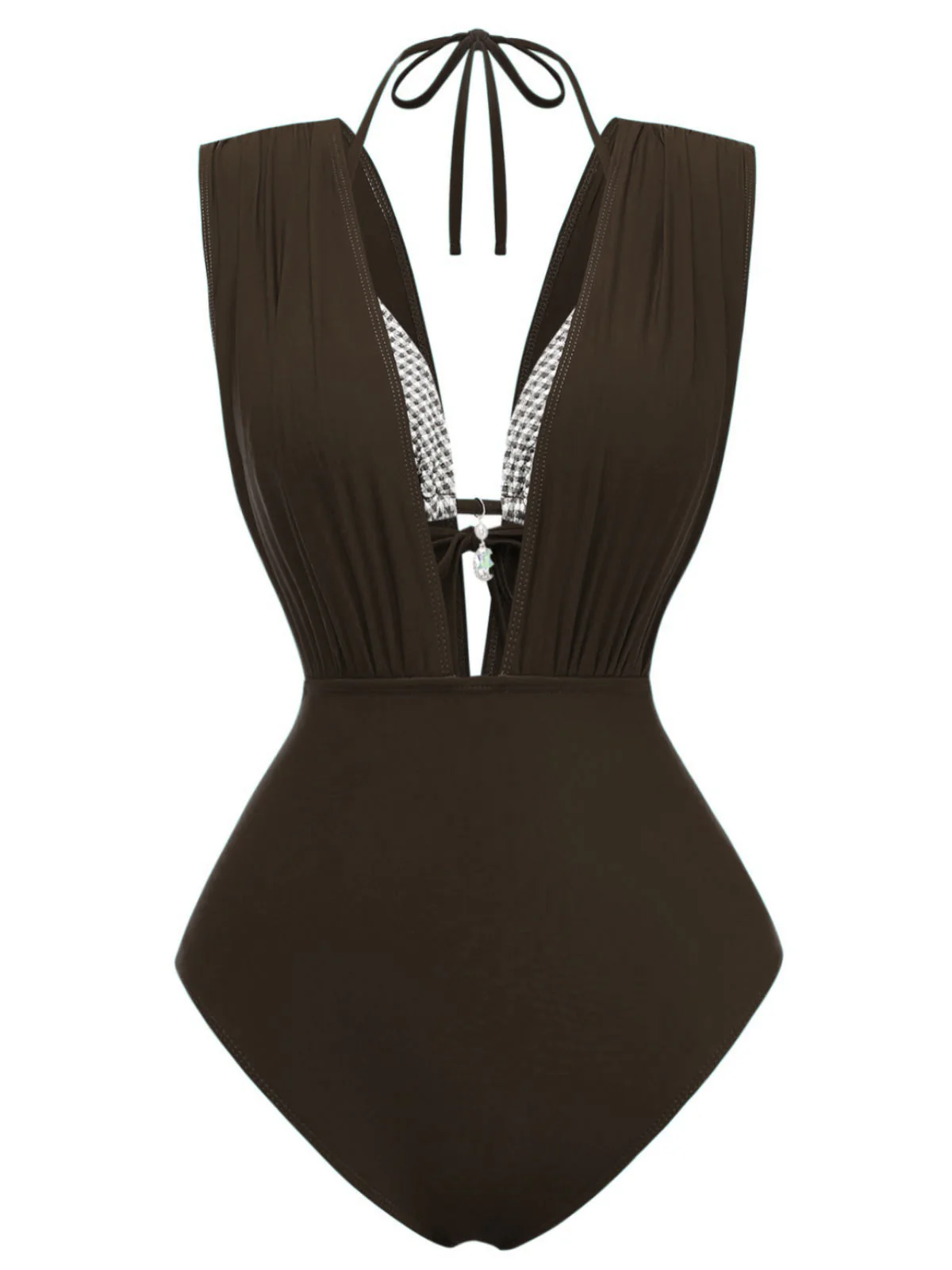 1960s Plaid Halter Bikini Top & Plunging Ruched Swimsuit - Image 12