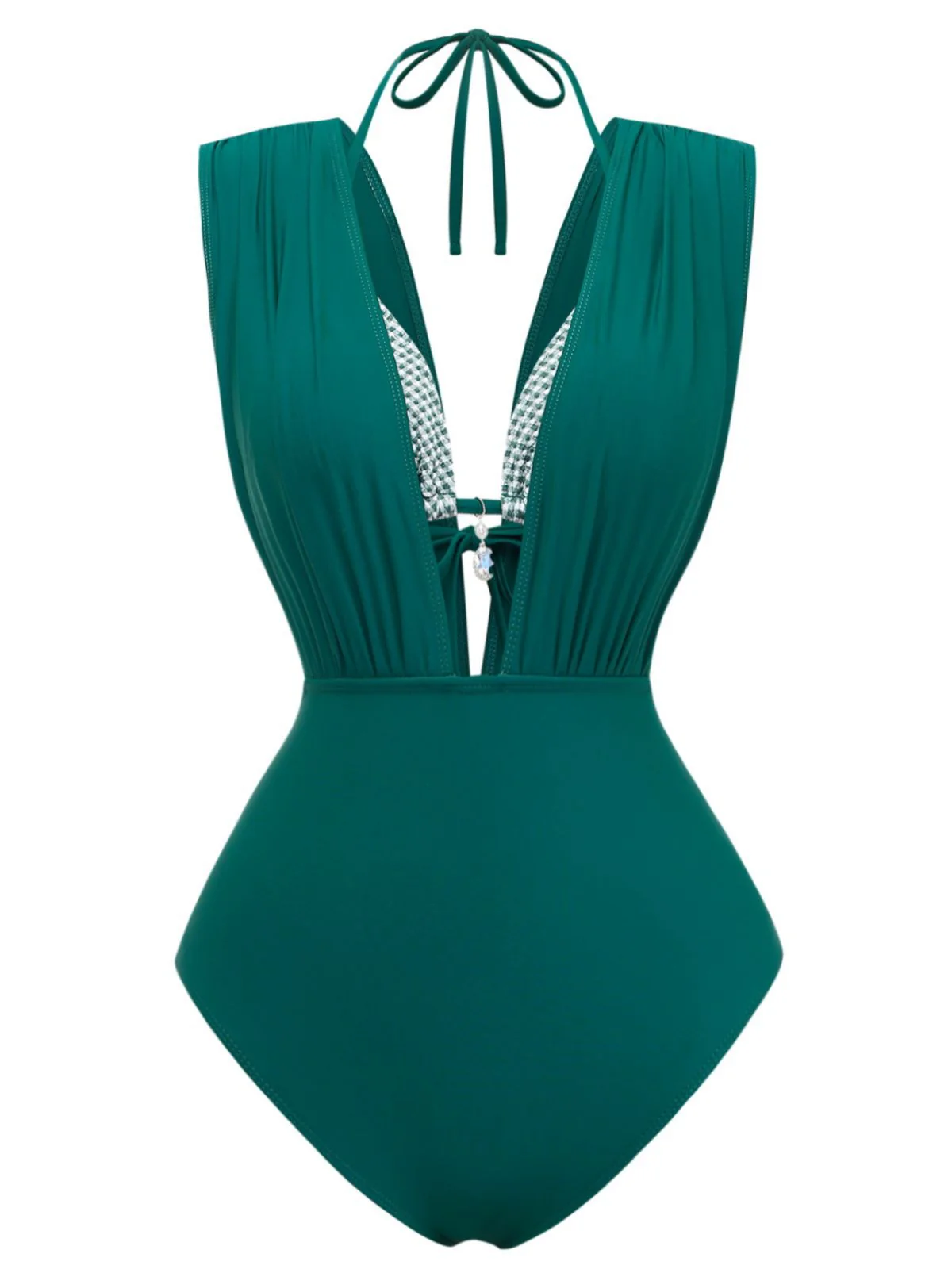 1960s Plaid Halter Bikini Top & Plunging Ruched Swimsuit - Image 2