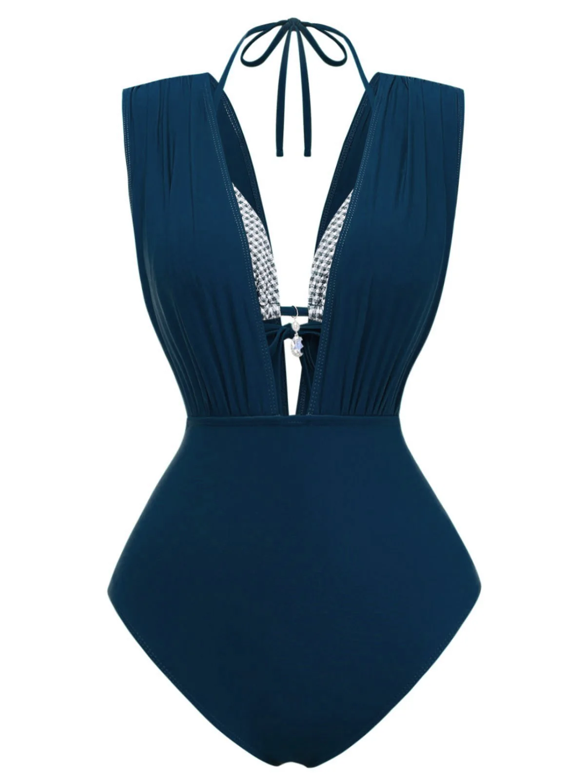 1960s Plaid Halter Bikini Top & Plunging Ruched Swimsuit - Image 8
