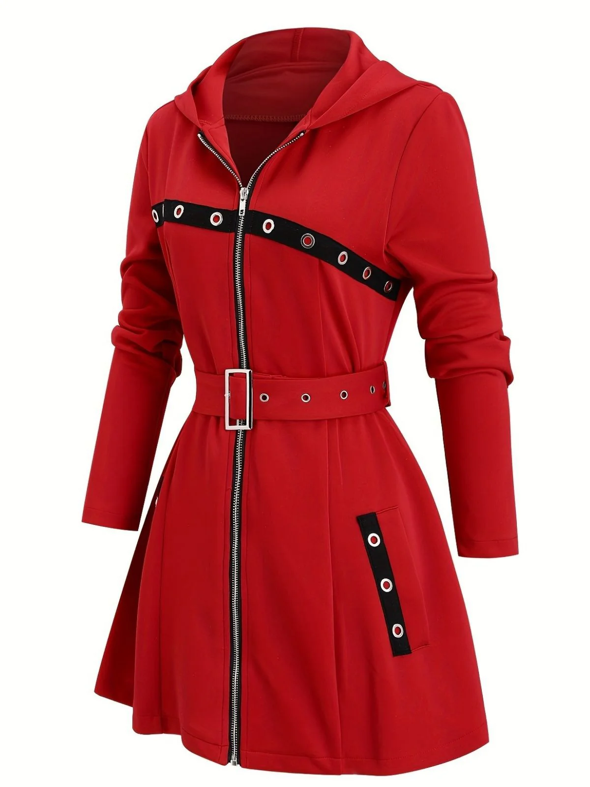1960s Punk Hooded Zipper Belted Midi Jacket - Image 2