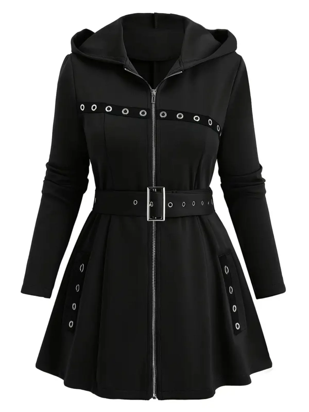 1960s Punk Hooded Zipper Belted Midi Jacket - Image 6