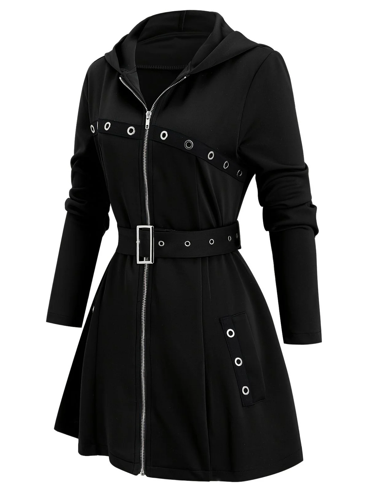 1960s Punk Hooded Zipper Belted Midi Jacket - Image 7