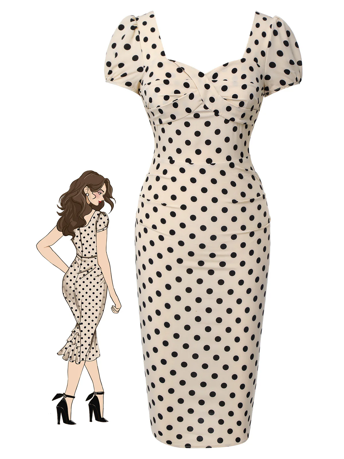 Beige 1960s Polka Dot Square Neck Puff Dress - Image 2