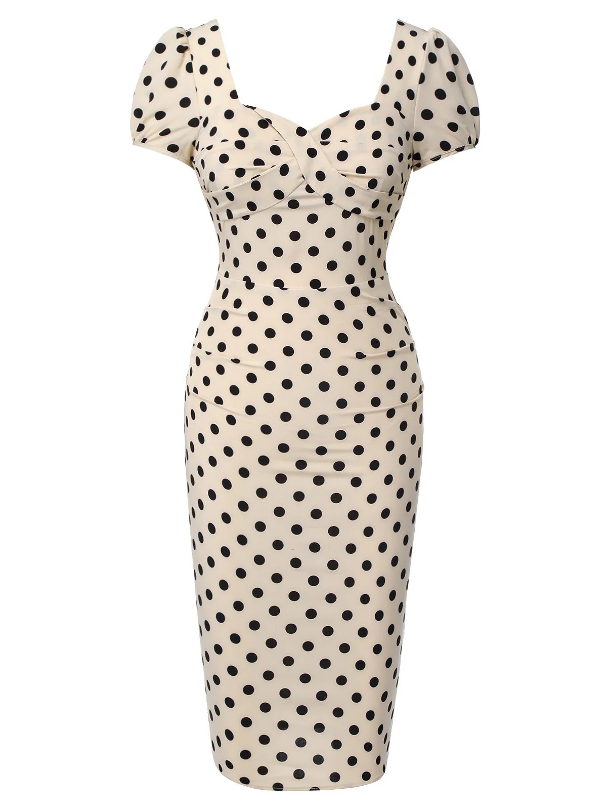 Beige 1960s Polka Dot Square Neck Puff Dress - Image 3