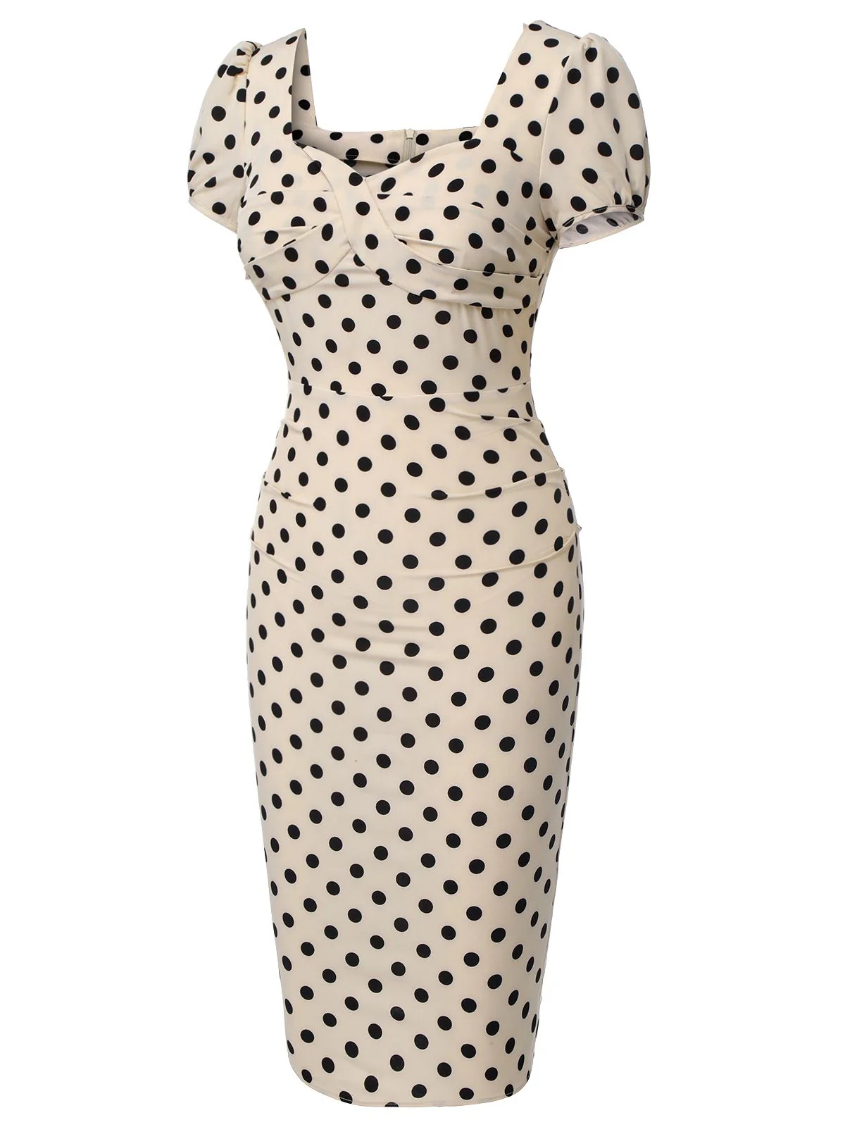 Beige 1960s Polka Dot Square Neck Puff Dress - Image 4