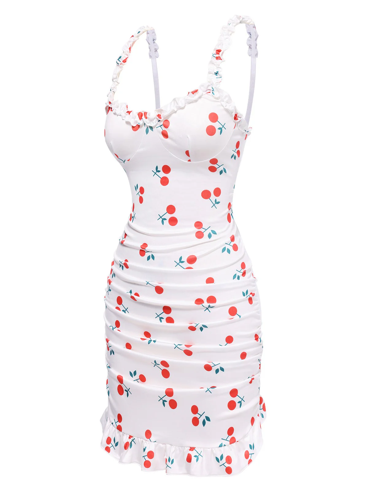 1960s Red Cherry Ruffled Hem Straps Nightgown - Image 3