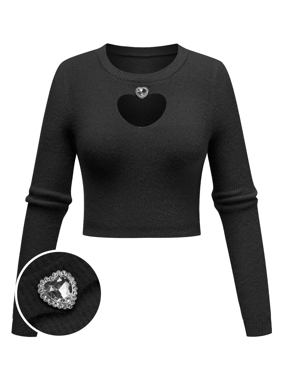 1960s Rhinestones Heart Cutout Knitted Solid Sweater - Image 4