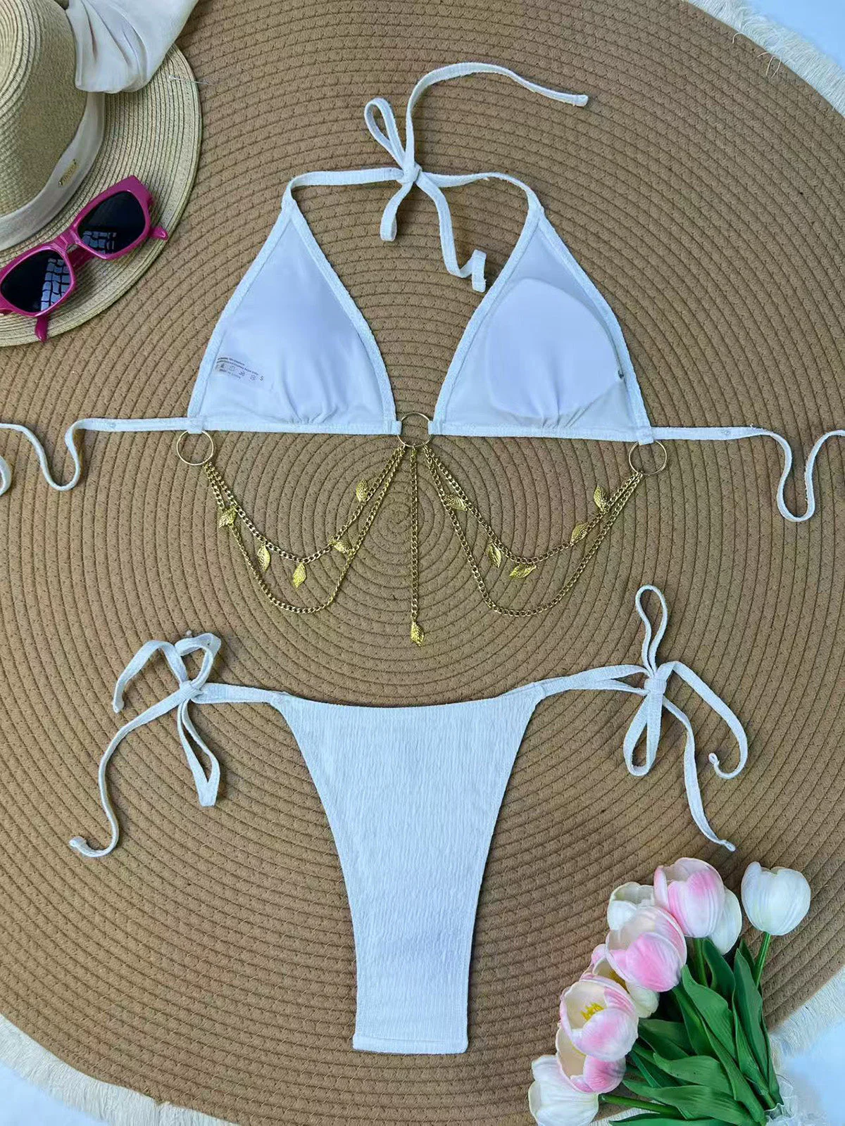 1960s Ribbed Gold Chain Triangle Bikini Set - Image 11