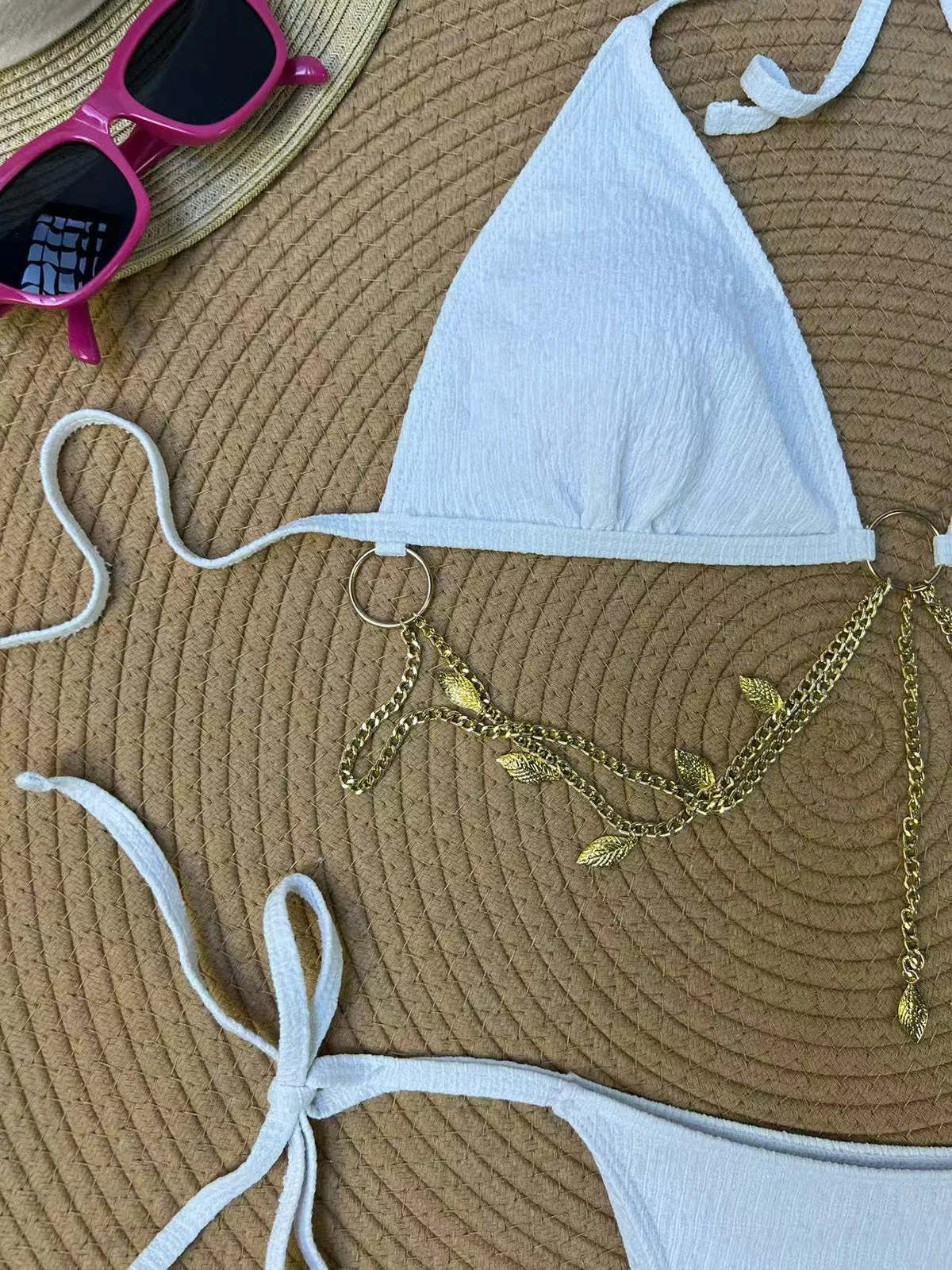 1960s Ribbed Gold Chain Triangle Bikini Set - Image 12