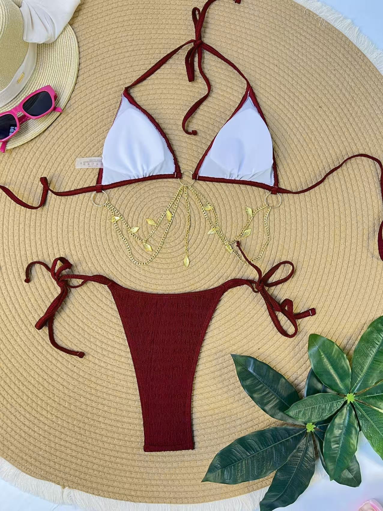 1960s Ribbed Gold Chain Triangle Bikini Set - Image 15