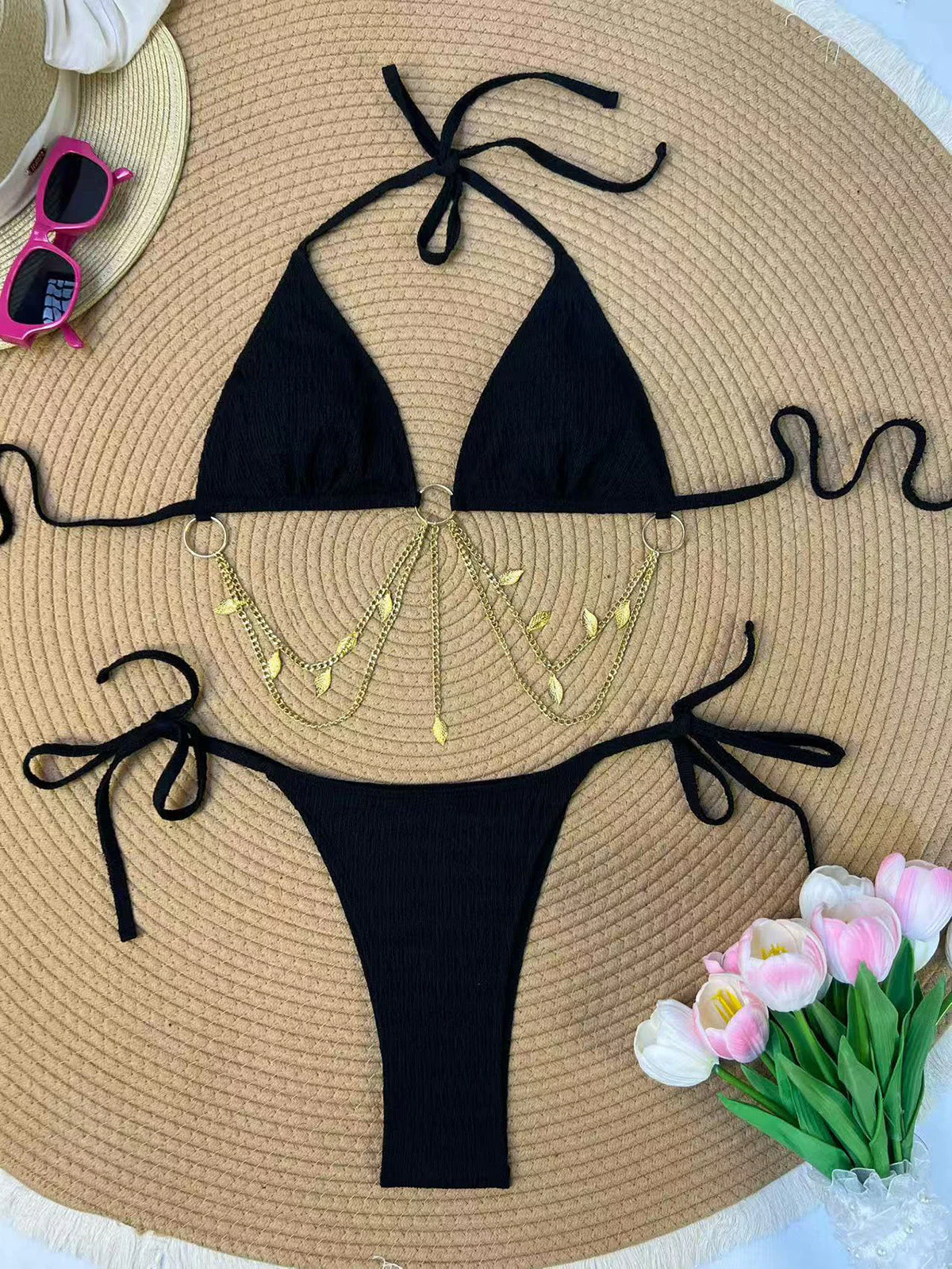 1960s Ribbed Gold Chain Triangle Bikini Set - Image 3
