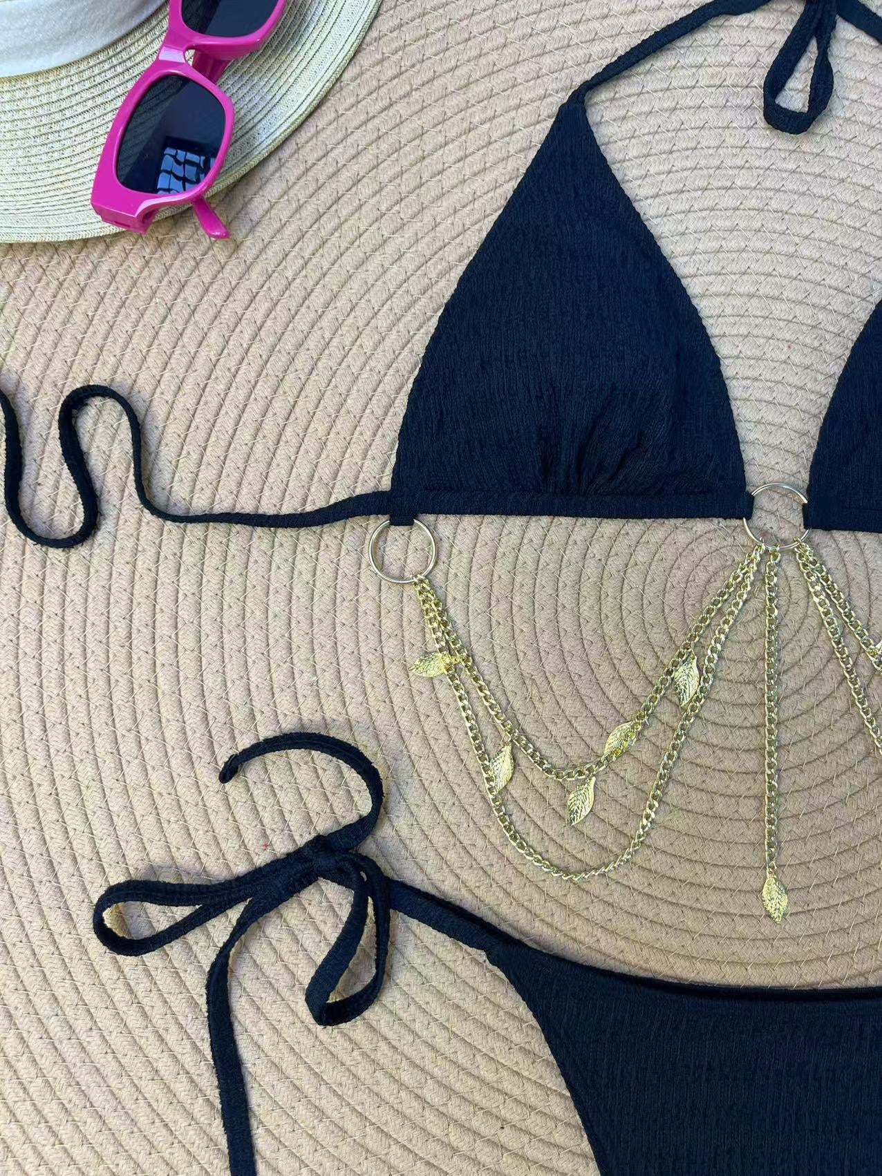 1960s Ribbed Gold Chain Triangle Bikini Set - Image 4