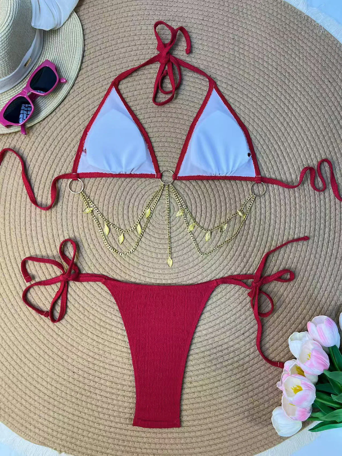1960s Ribbed Gold Chain Triangle Bikini Set - Image 7