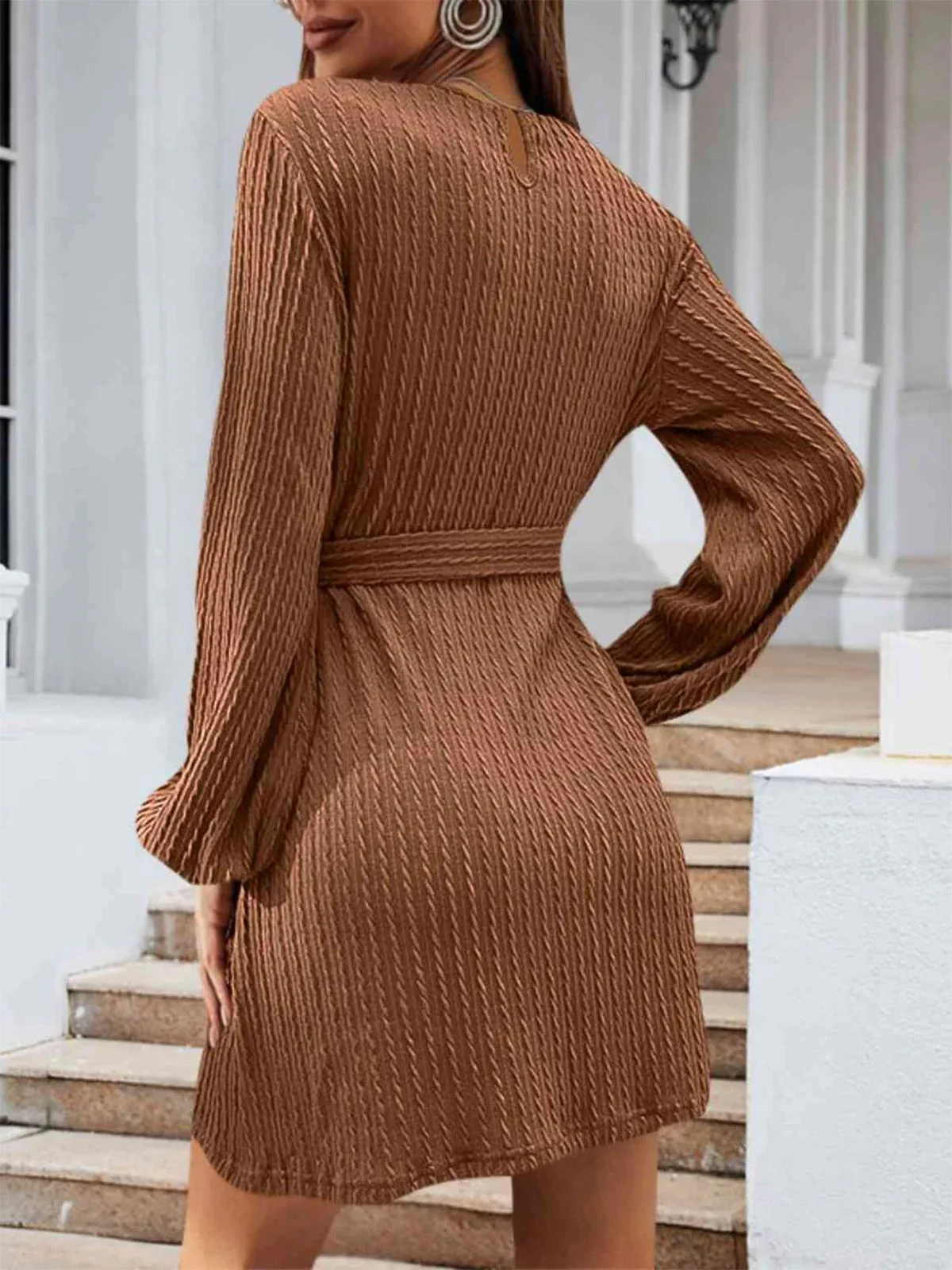 1960s Ribbed Knit Belted Round Neck Dress - Image 2