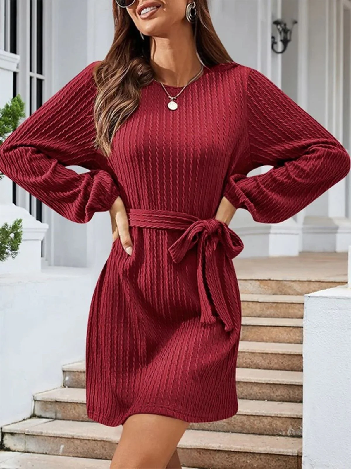 1960s Ribbed Knit Belted Round Neck Dress - Image 3