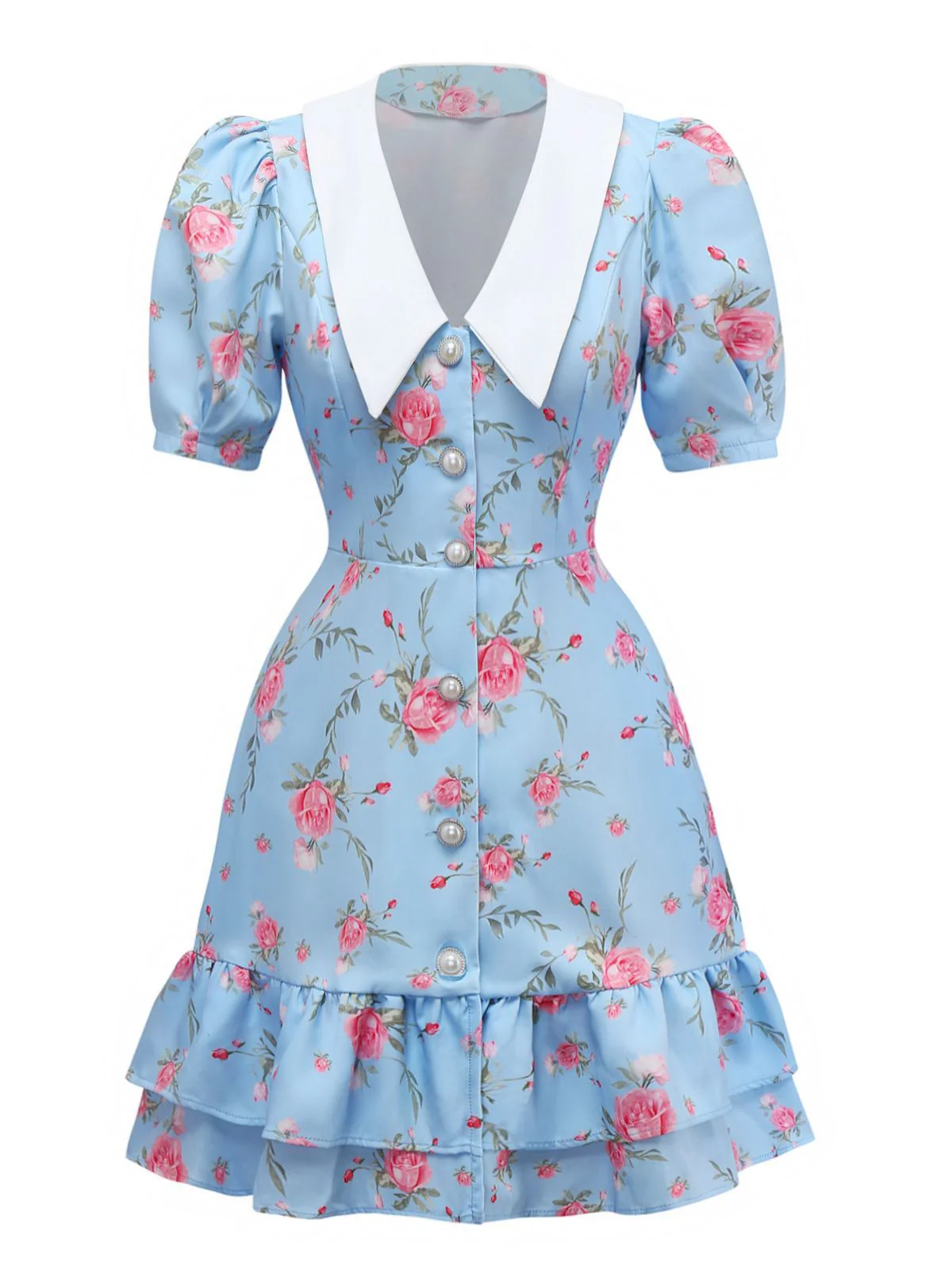 1960s Rose Puff Sleeve Chelsea Collar Mini Dress - Image 3