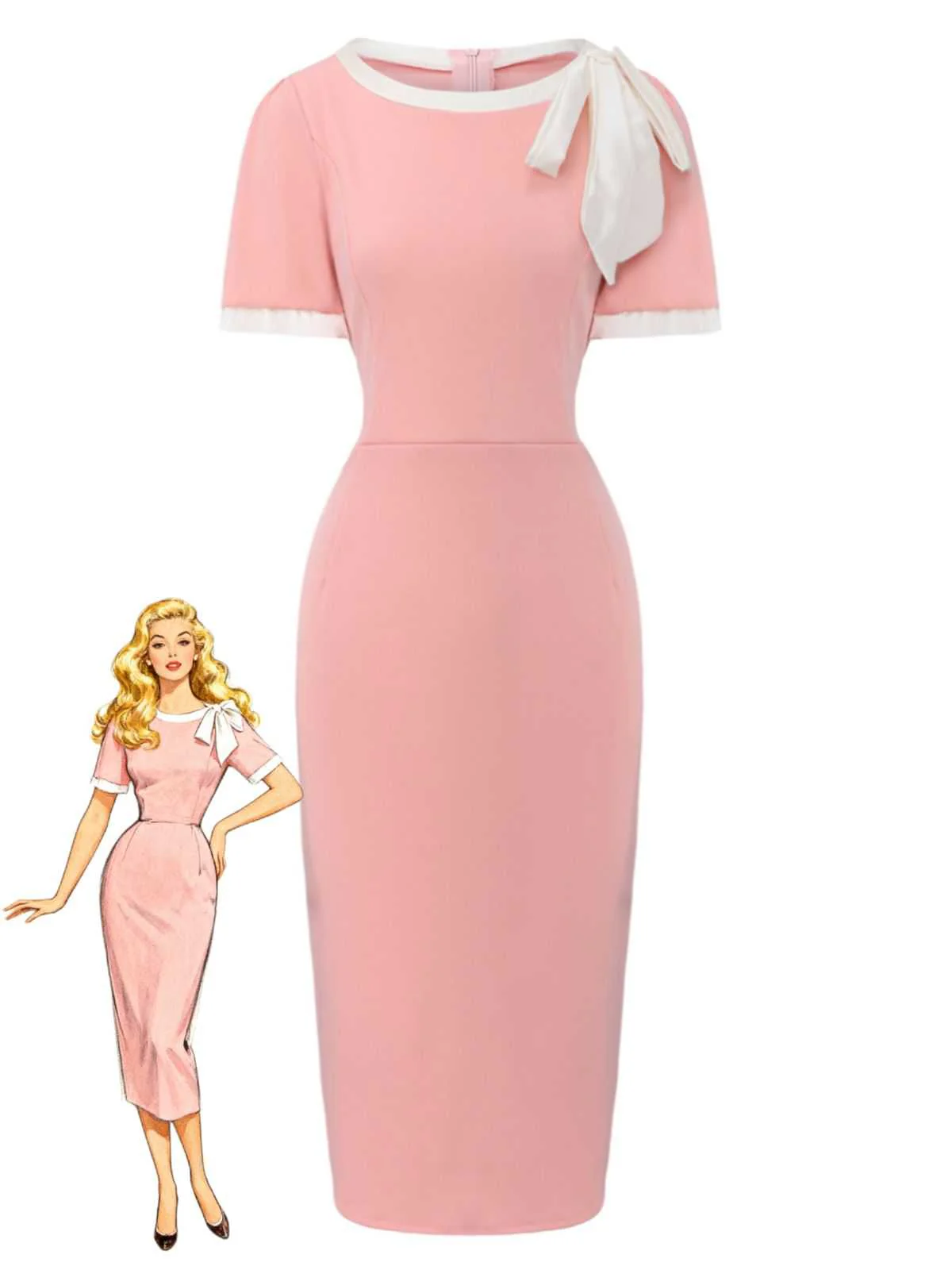1960s Round Neck Colorblock Bow Bodycon Dress - Image 3