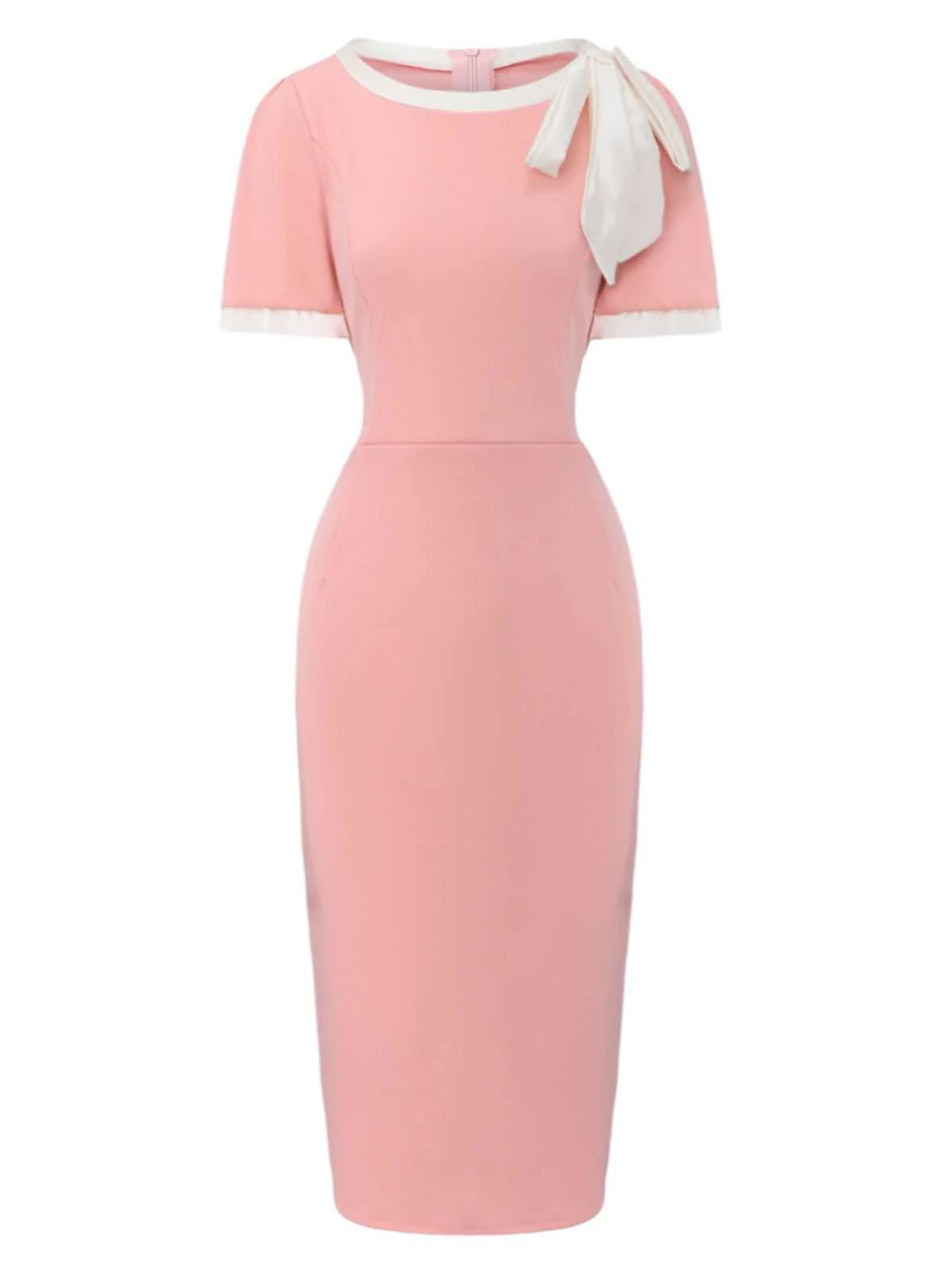 1960s Round Neck Colorblock Bow Bodycon Dress - Image 4