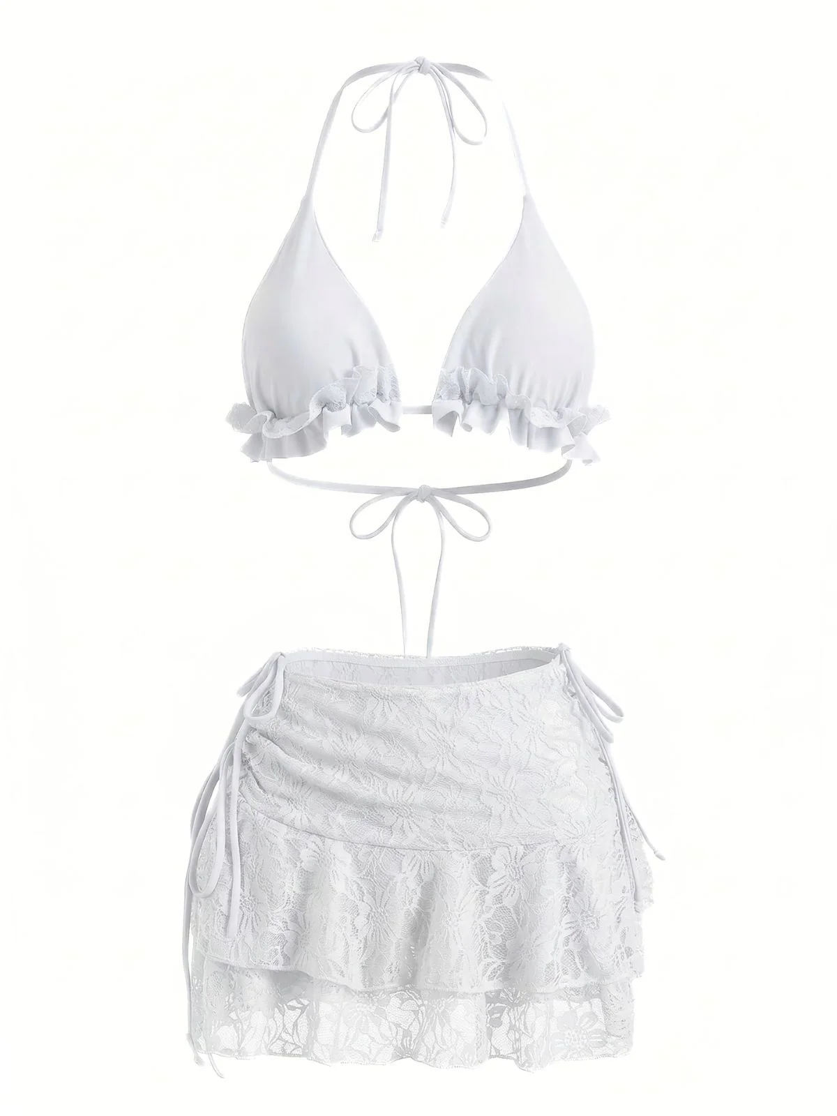 1960s Ruffled Halter Bikini Set & Floral Lace Cover-Up - Image 10