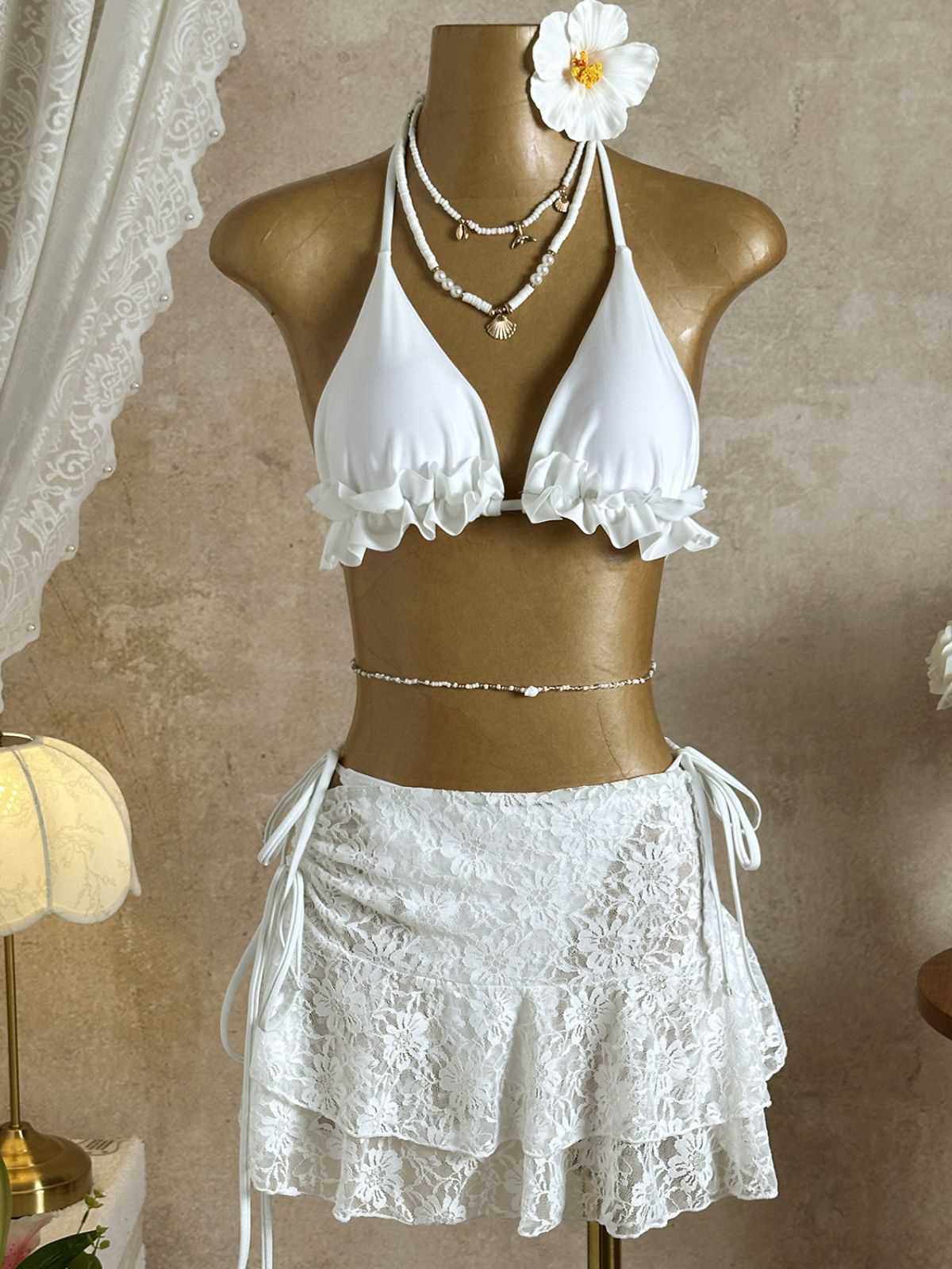 1960s Ruffled Halter Bikini Set & Floral Lace Cover-Up - Image 11