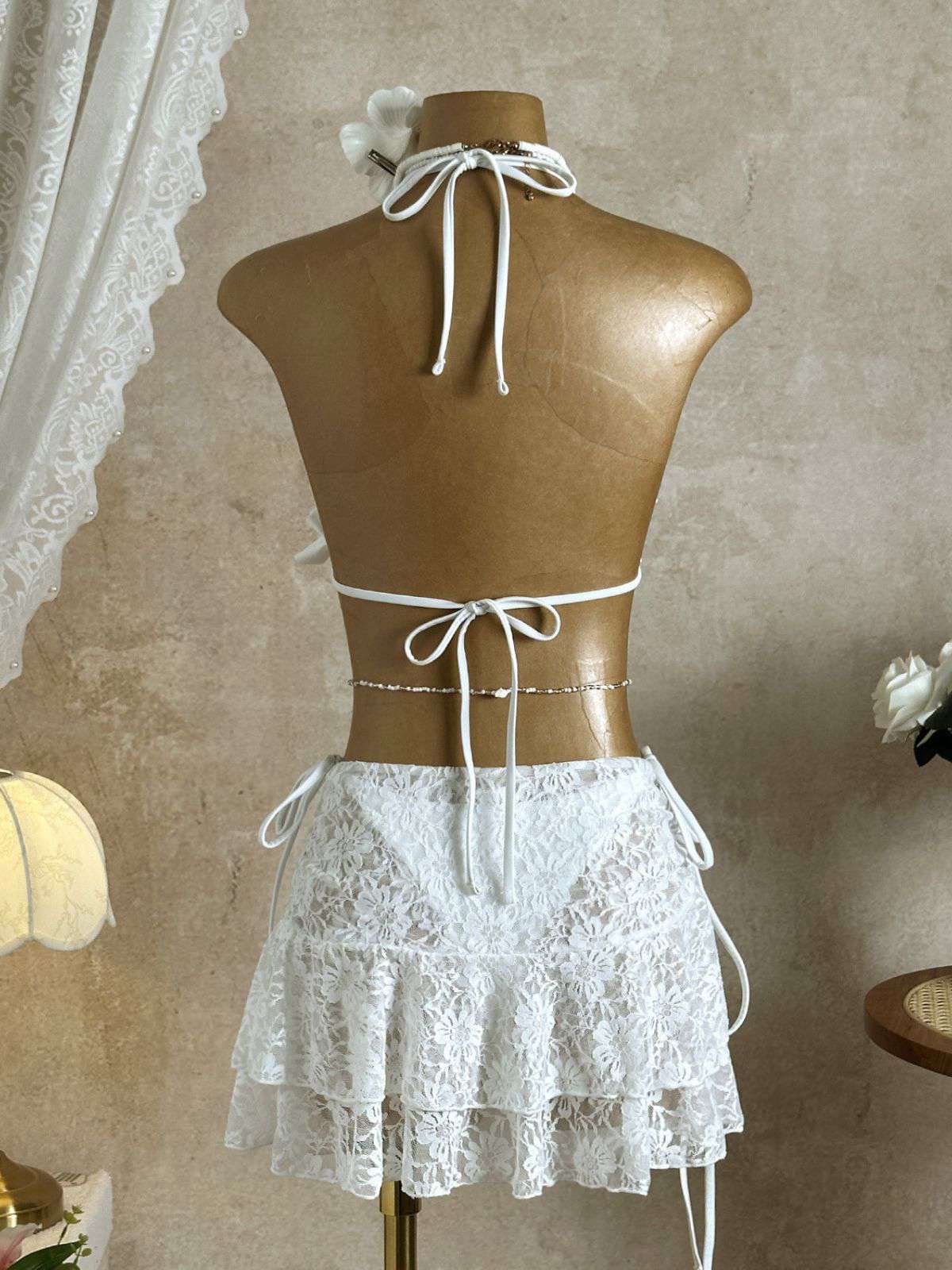 1960s Ruffled Halter Bikini Set & Floral Lace Cover-Up - Image 12