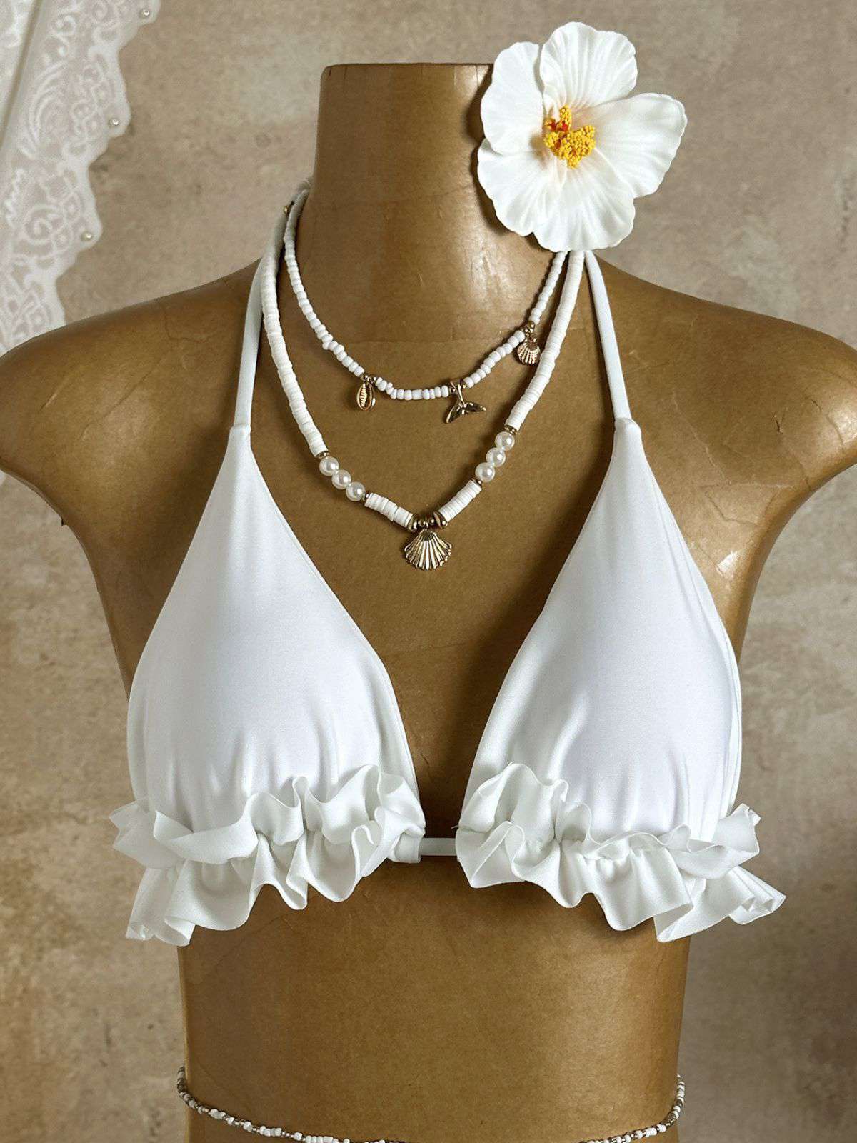 1960s Ruffled Halter Bikini Set & Floral Lace Cover-Up - Image 13