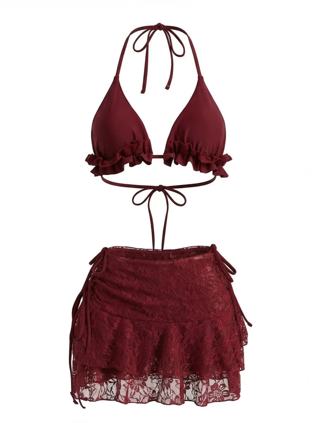 1960s Ruffled Halter Bikini Set & Floral Lace Cover-Up - Image 2