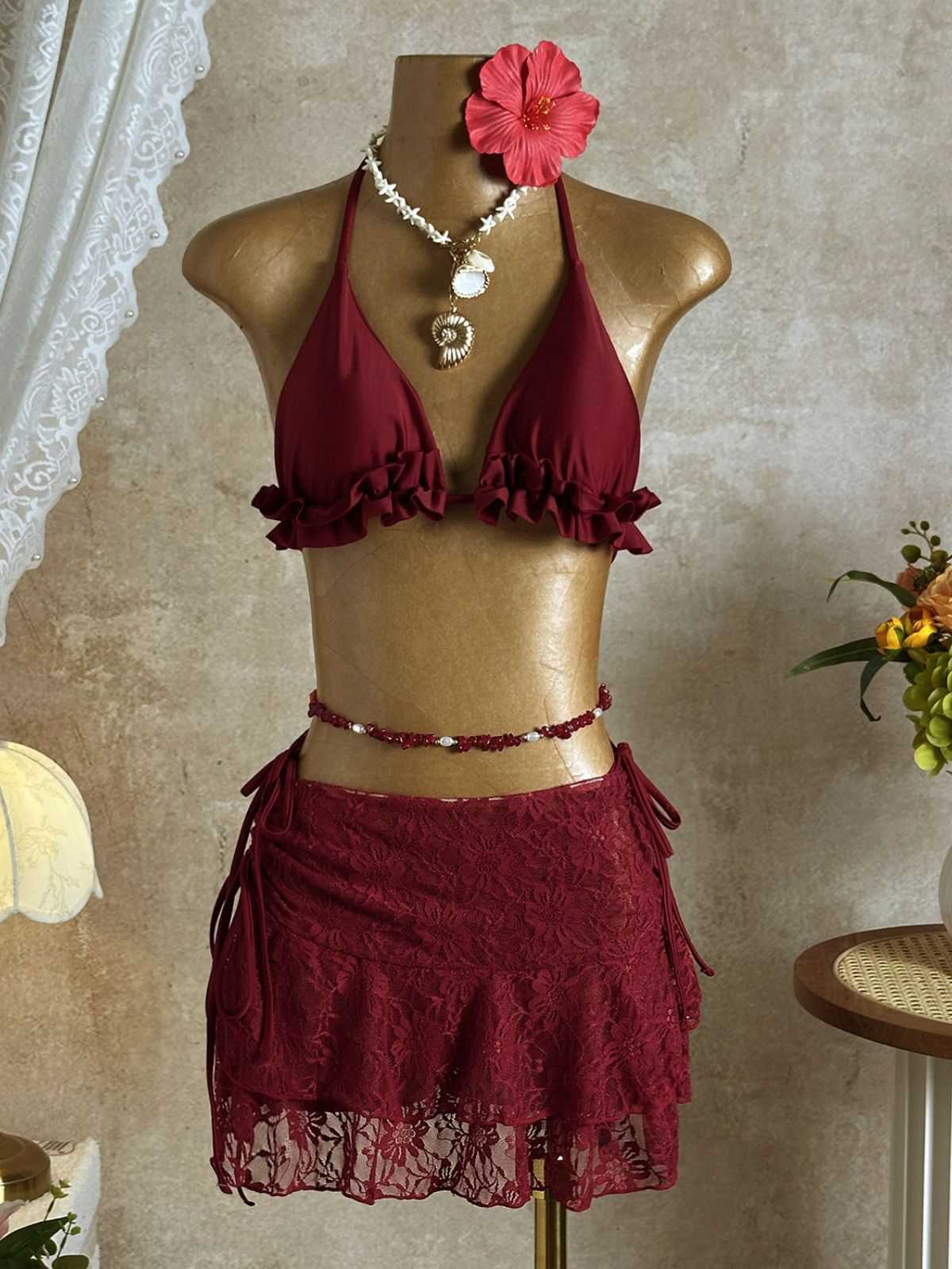1960s Ruffled Halter Bikini Set & Floral Lace Cover-Up - Image 3