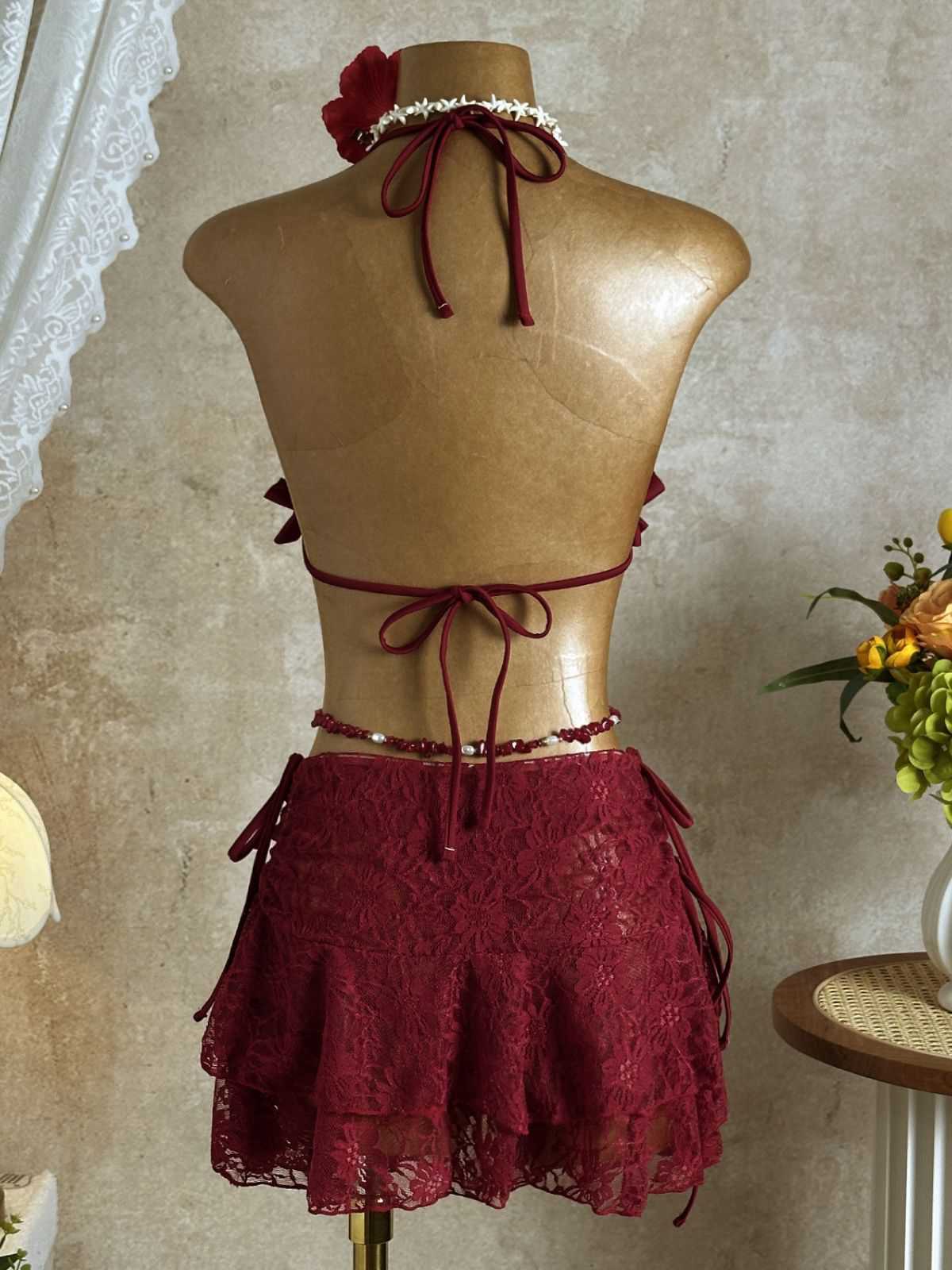 1960s Ruffled Halter Bikini Set & Floral Lace Cover-Up - Image 4