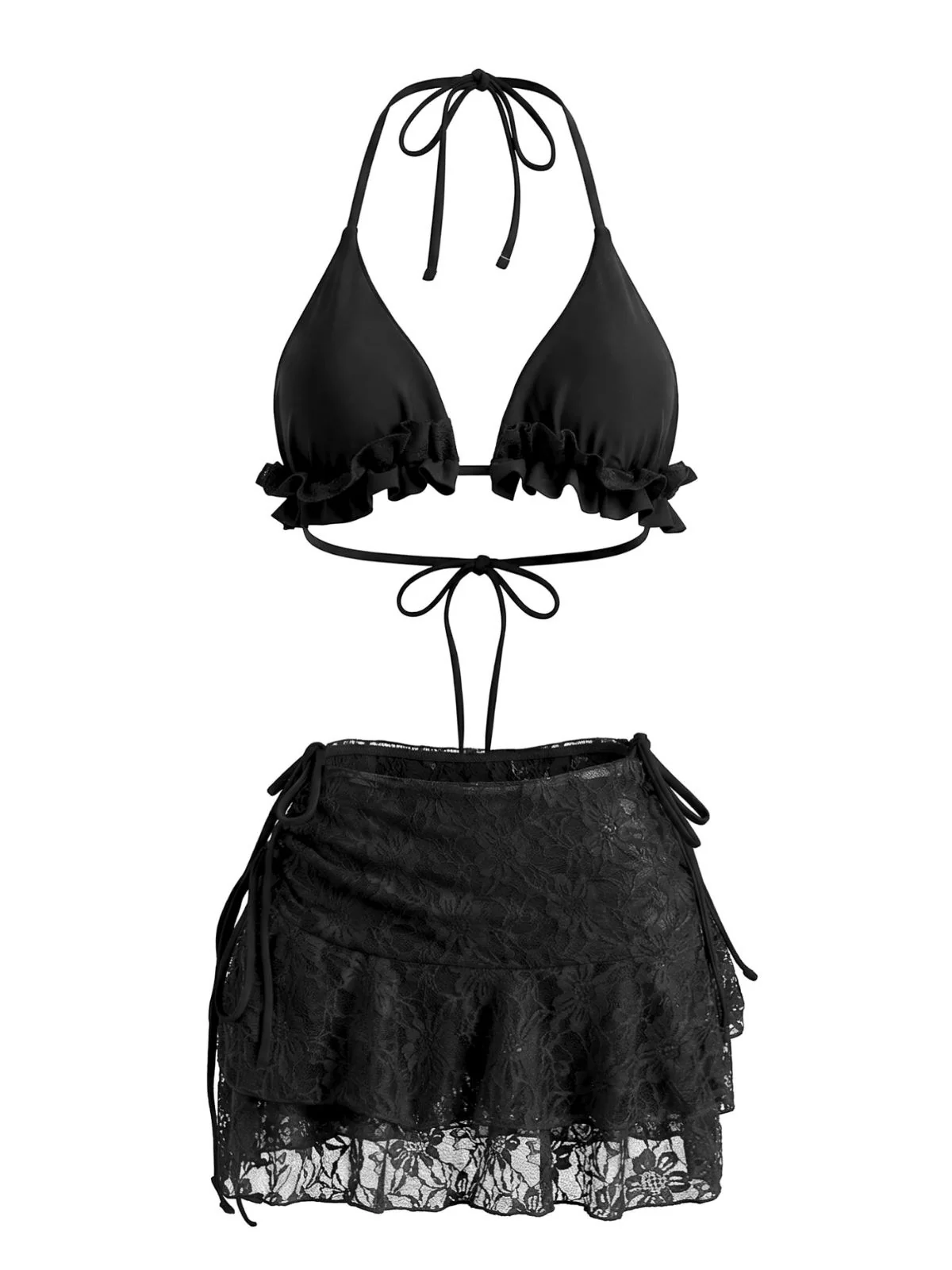 1960s Ruffled Halter Bikini Set & Floral Lace Cover-Up - Image 6
