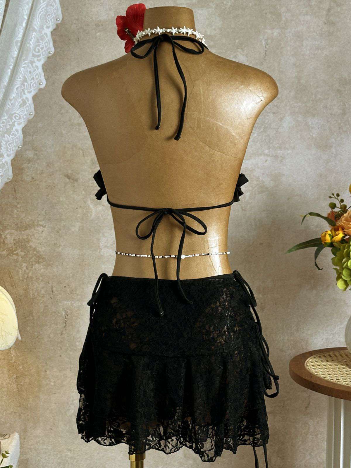 1960s Ruffled Halter Bikini Set & Floral Lace Cover-Up - Image 7