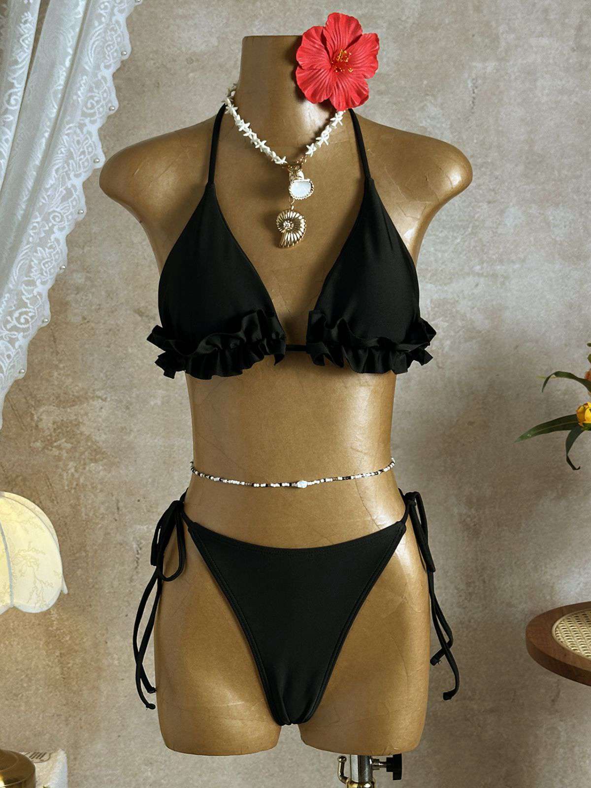 1960s Ruffled Halter Bikini Set & Floral Lace Cover-Up - Image 8