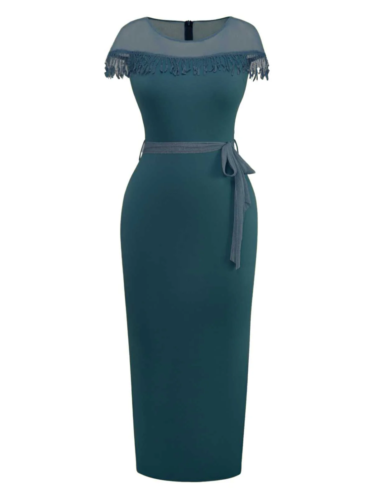 1960s Sheer Fringe Belted Bodycon Dress - Image 14