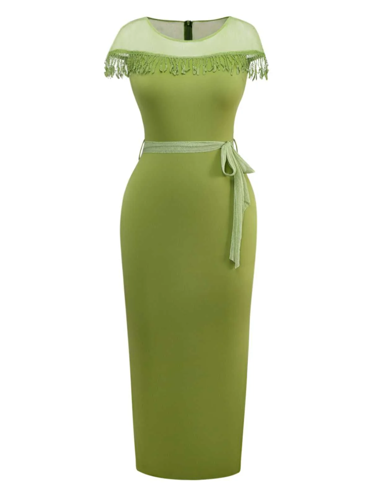 1960s Sheer Fringe Belted Bodycon Dress - Image 6