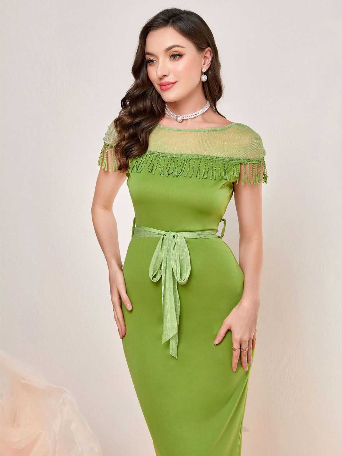 1960s Sheer Fringe Belted Bodycon Dress - Image 8