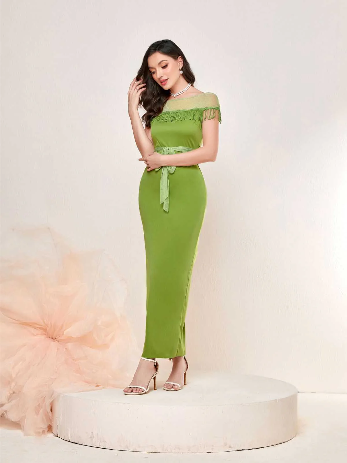 1960s Sheer Fringe Belted Bodycon Dress - Image 9