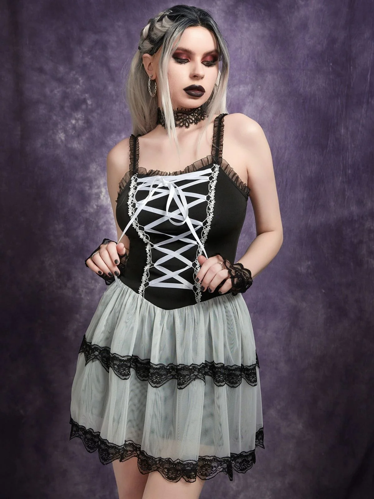 1960s Slip Gothic Lace-Up Ruffled Mesh Dress - Image 3
