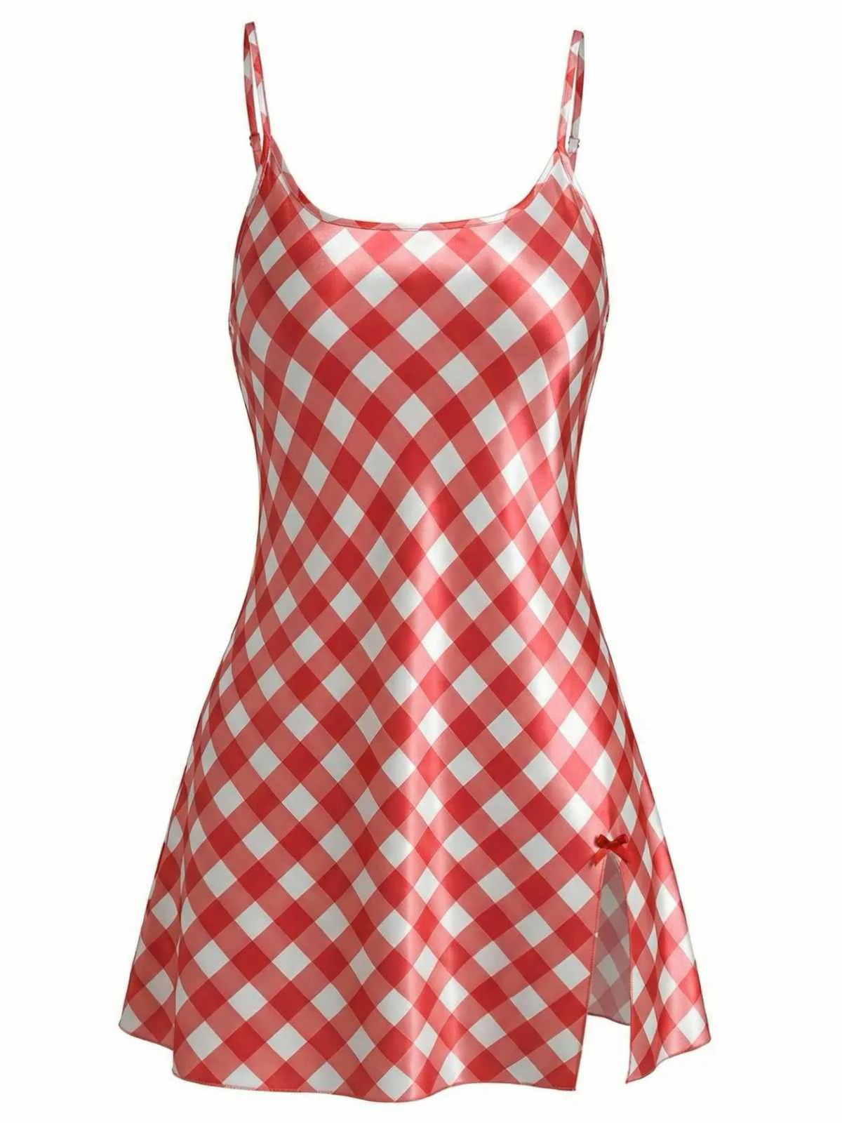 1960s Slip Satin Gingham Side Slit Nightgown - Image 2