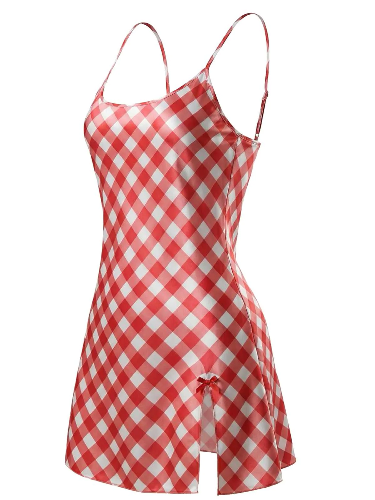 1960s Slip Satin Gingham Side Slit Nightgown - Image 3