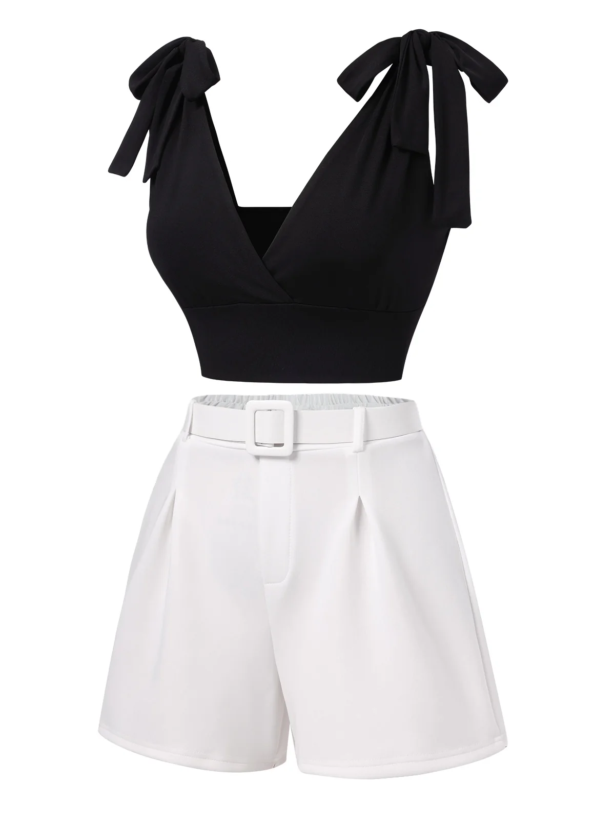 1960s Solid Black Shoulder Tie Top & White Belted Shorts - Image 2