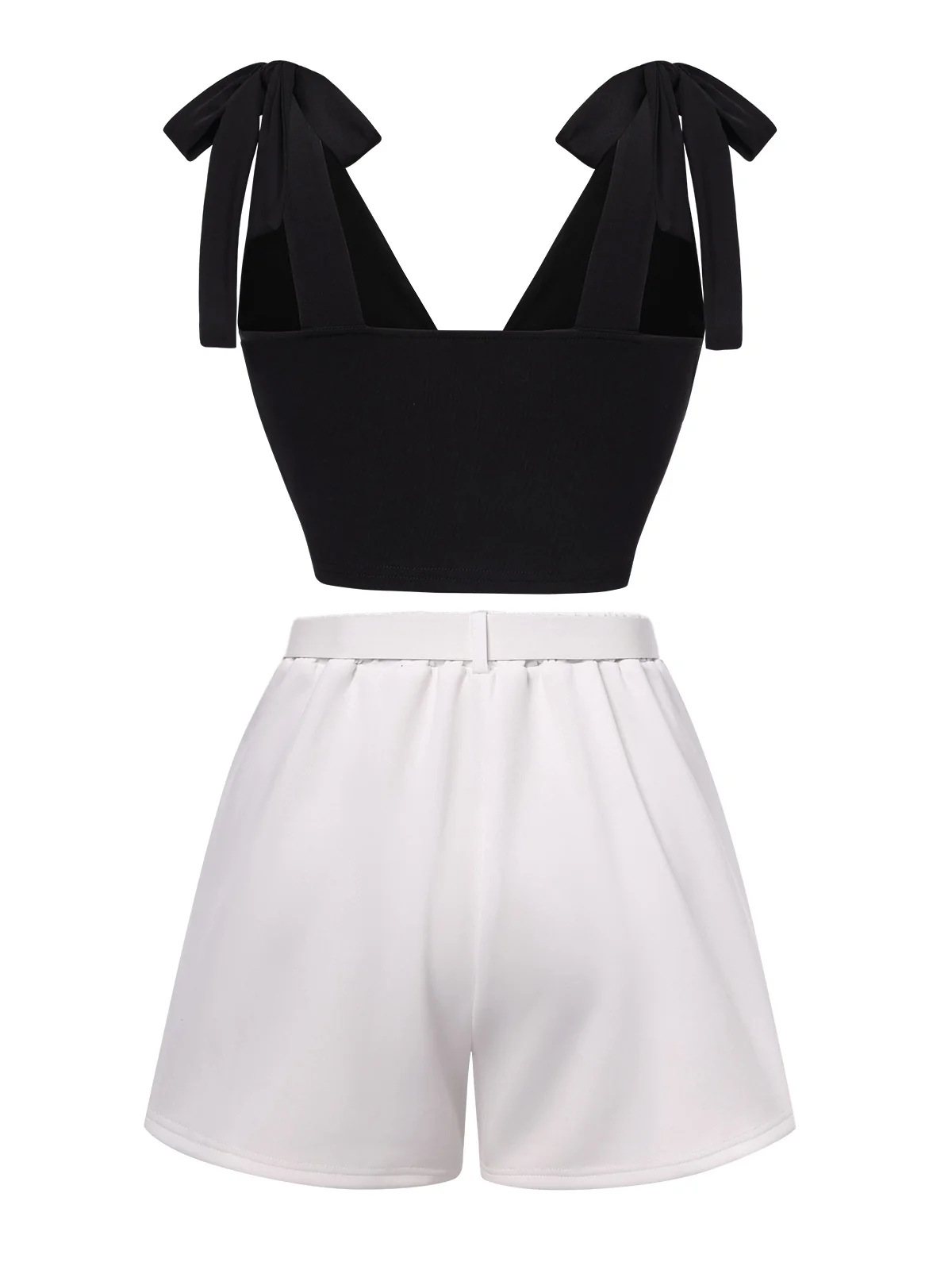 1960s Solid Black Shoulder Tie Top & White Belted Shorts - Image 3