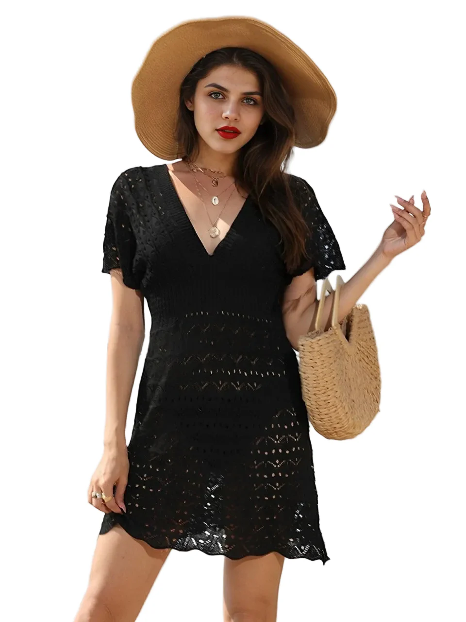1960s Solid Deep V-Neck Crochet Cover-Up - Image 3