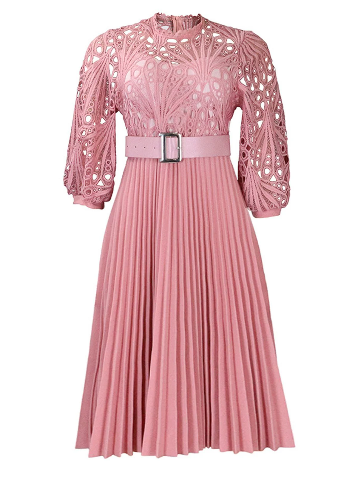 1960s Solid Lace Crochet Pleated Belted Dress - Image 12